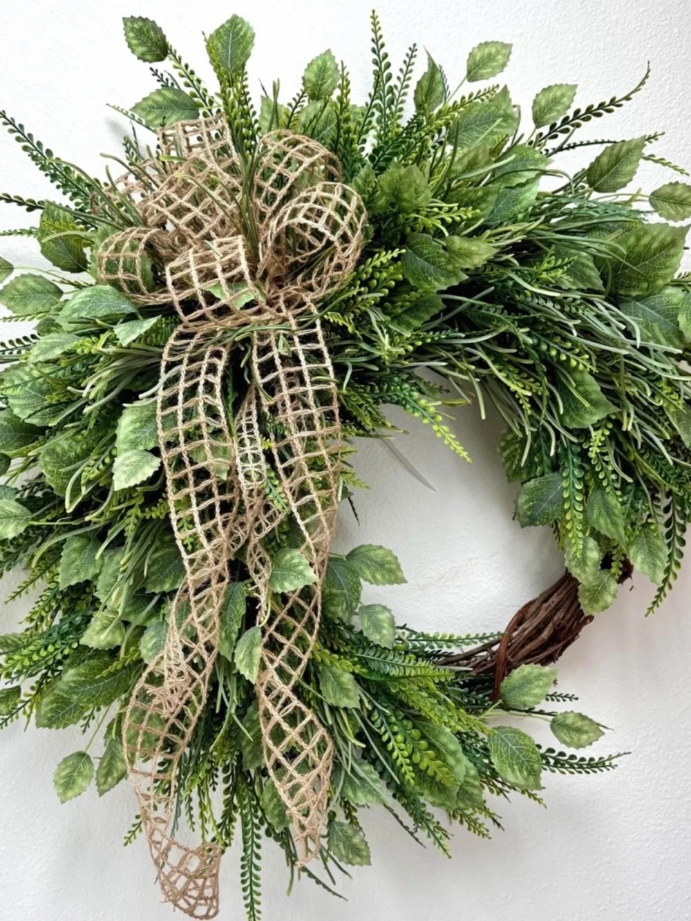 Year Round Wreath - Green Rustic Jute Bow Fern Wreath - Mother's Day